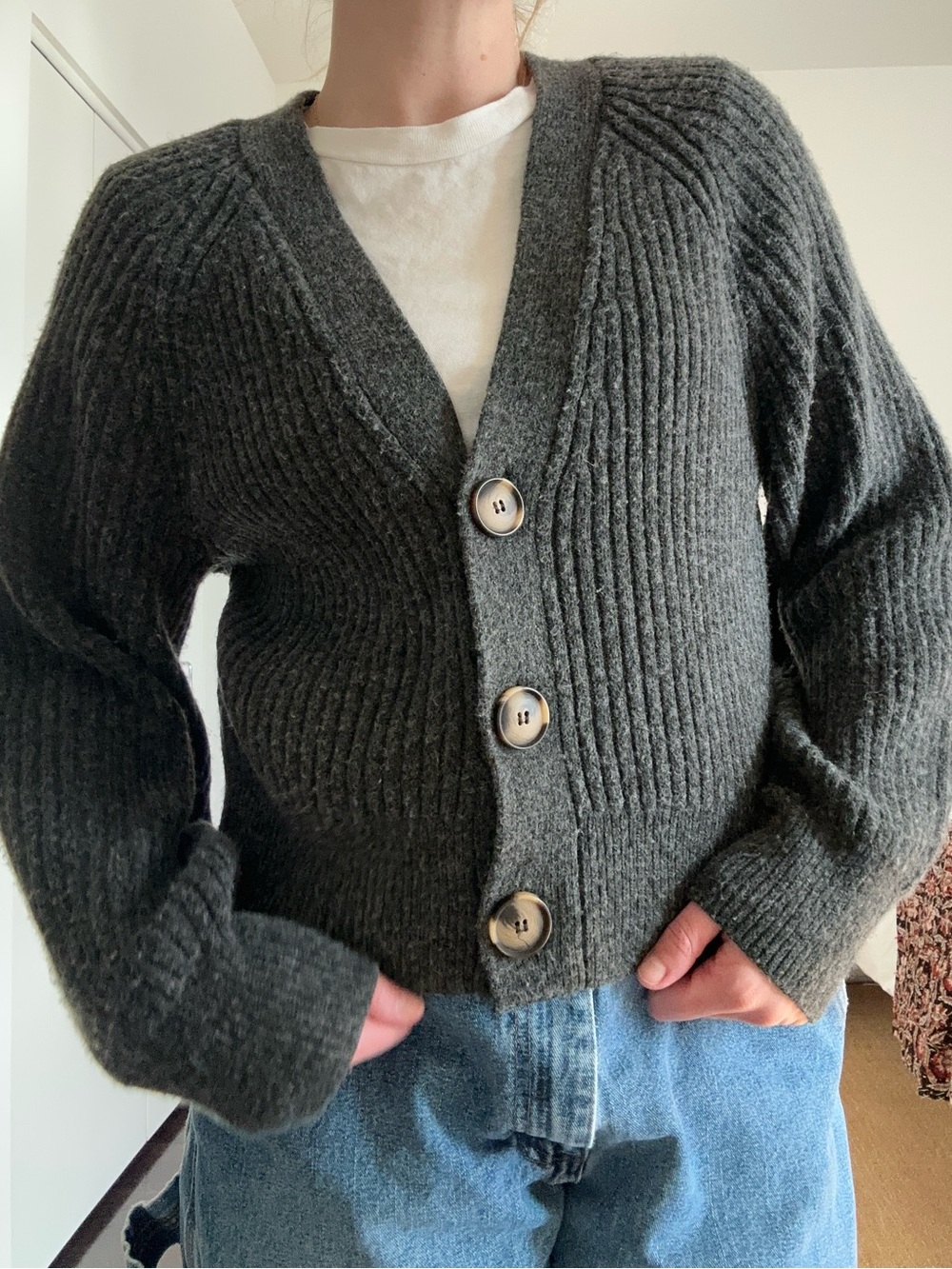 H&M Charcoal Rib-Knit Cardigan Sweater